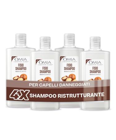 Omia Laboratori Ecobio Omia Fisio Eco Bio Shampoo with Macadamia Oil for Damaged Hair Repairing and Restructuring Shampoo for Frequent Washing Silicone and SLES Free 4 x 200ml Bottles
