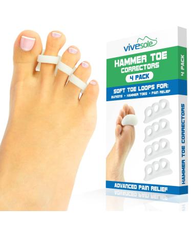 ViveSole Hammer Toe Straightener - 4pcs Corrector Gels - Toe Support Crest for Men & Women - Cushion Brace for Bunion Foot Relief  Feet Alignment  Curled  Claw  Crooked  and Mallet Toes- 3 Loop Design White