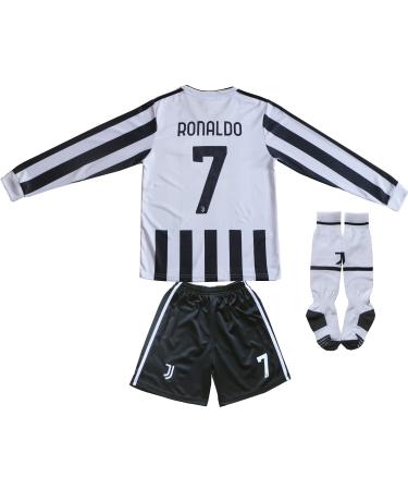FCRM 2021/2022 New #7 Cristiano Ronaldo Kids Home White Long Sleeve Soccer Jersey & Shorts Youth Sizes White 10-11 Years