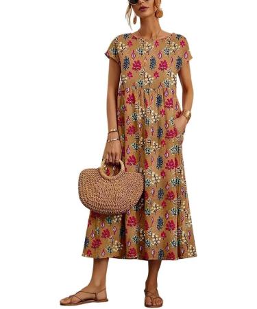 Women's Summer Cotton Linen Floral Printed Short Sleeve Dress Crew Neck Loose Casual Beach Dresses with Pockets 04 Medium - Buy Online on GoSupps.com