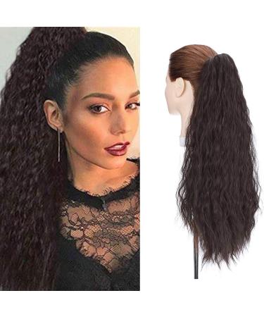24" Long Ponytail Extensions Yaki Synthetic Claw Clip in Pony Tails Corn Wave Ponytail Curly Hairpiece for Women Dark Brown 24inch (Pack of 1) Yaki-Dark Brown