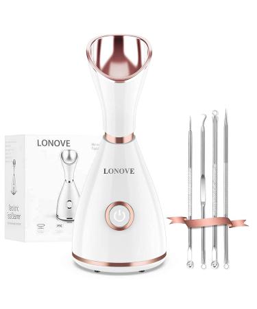 LOVONEE Facial Steamer-Face Steamer for Facial Deep Cleaning Home Facial Spa Warm Mist Humidifier Atomizer Sauna Sinuses Unclogs Pores with Blackhead Stainless Steel Kit and Hair Band (Rose)