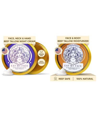 Eat My Face Tallow Day & Night Moisturizer Set Grass Fed Beef Tallow Face Creams with Shea Butter Cocoa Butter & Vitamin E Vanilla Scent Hydrating Duo for All Skin Types 4oz Each