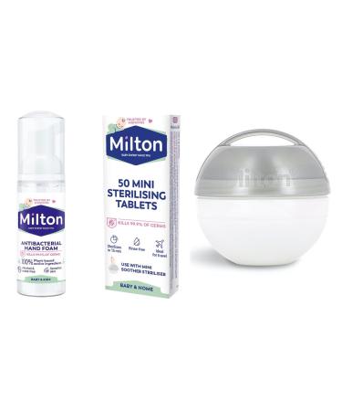 Milton Mini Soother Dummy Grey Travel Steriliser 50 Mini Sterilising Tablets & 50 ml Hand Sanitiser. Out & About Bundle
