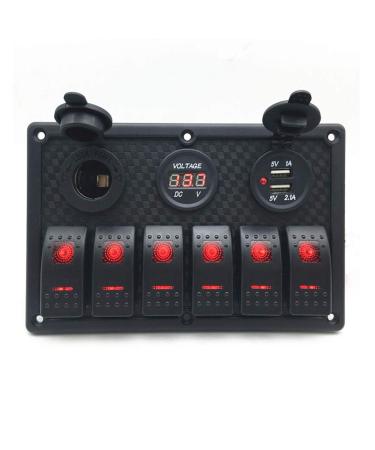 6 Gang Marine Boat Rocker Switch Panel 12V Waterproof RV Led Switch Panel for Car Truck Marine Boat, Digital Voltmeter Display Dual USB Charger Port DC 12 Volt Socket 12/24V Red Lighted