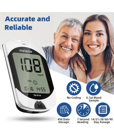 Metene TD-4116 Blood Glucose Monitor Kit with 100 Strips, Lancets, and Lancing Device - Coding-Free Diabetes Testing Kit with Large Display - Buy Online on GoSupps.com