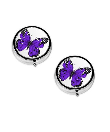 (Cute Purple Butterfly) Round Pill Box 3 Compartment Pill Box Mini Decorative Pocket Purse Portable Travel Medicine Tablet Vitamin Holder Organizer Pill Case