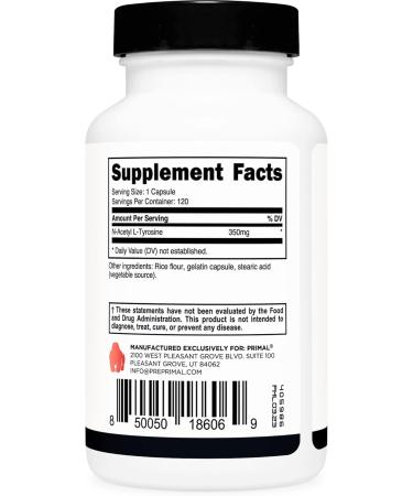 Primal N-Acetyl L-Tyrosine Capsules - 120 Servings | 350mg NALT - Gluten Free Non-GMO Amino Acid Supplement for Optimal Health - Buy Online on GoSupps.com