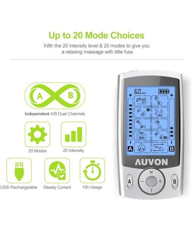 AUVON Dual Channel TENS Unit Muscle Stimulator Machine - 20 Modes, 2 x 4 Electrode Pads - Buy Online on GoSupps.com