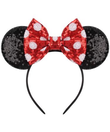 Lanmerry Women Sequin Mouse Ear Red Dot Sparkle Bow hair hairband for girls (red-dot)