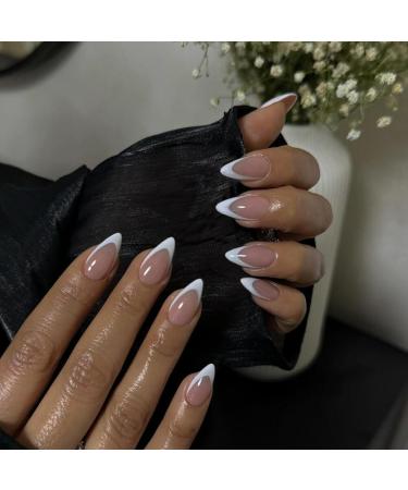 KQueenest 30 Pcs White French Tip Press on Nails Short Almond Nails Acrylic Natural Nude Pink Medium Fake Nails Press ons Classic Glue on Nails Short Gel French Nails for Women DIY Manicure almond-white-nudepink