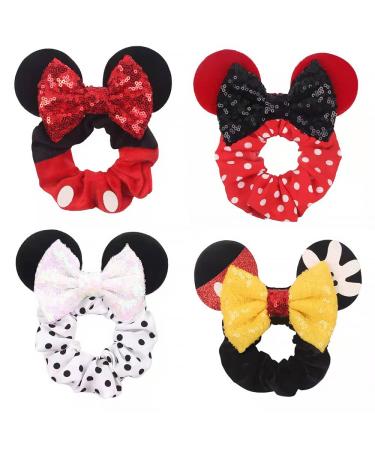 JIAHANG Velvet Mouse Ear Hair Scrunchies Dot Costume Sequins Bow Ponytail Holder Elastic Hair Tie 4 Pack for Girls Women(COLOR E)