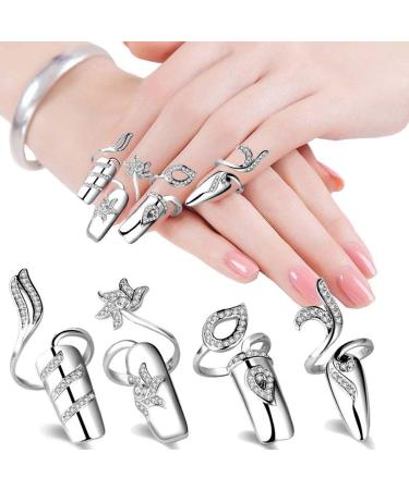 4 PCS Rhinestone Finger Tip Nail Rings - Adjustable Opening Nail Art Charms in Silver Women's Fashion - Buy Online on GoSupps.com
