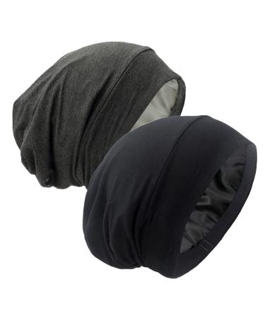 Satin Lined Sleep Cap - Adjustable Hair Protection Beanie for Curly & Frizzy Hair - Black & Dark Grey - Buy Online on GoSupps.com