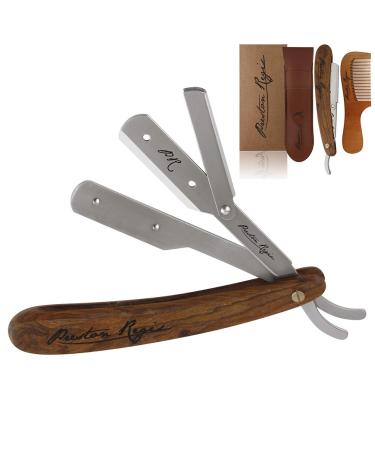 Preston Regis Men's Cut Throat Razor Kit - Marine Grade 316 Stainless Steel Straight Shaving Swing Lock Razor with Wood Handle. includes Premium Leather Travel Pouch and Vintage Wood Beard Comb.