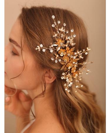Deniferymakeup Gold Flower Hair Comb Leaf Hair Piece Crystal Rhinestone Bridal Hair Accessory for Wedding Women and Girls