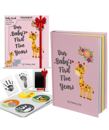 Novarena First 5 Years Baby Memory Book Journal Scrapbook with 48 Pack Monthly Milestones Stickers & Clean-Touch Baby Safe Ink Pad for Hand & Footprint (Giraffe and Jungle Theme for Boys) (Giraffe and Jungle Theme for Girls)