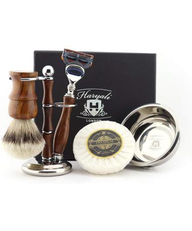 Haryali London 5-part men's shaving set with 5 blades razor with silver tip roof hair brush stand soap and bowl