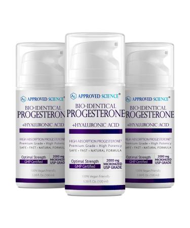 Approved Science Progesterone Cream - Bio-Identical USP Grade - 20mg Serving - With Hyaluronic Acid & ProVitamin B5 - Vegan No Artificial Fragrances - 3.38 fl.Oz (100ml) - Pack of 3 3.38 Fl Oz (Pack of 3)