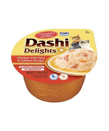 INABA Dashi Delights - Chunks in Bonito Flake Broth with Chicken, Tuna & Salmon - 1 x 70g - Cat Food - Topping - High Protein - Natural Ingredients - Cat Food.