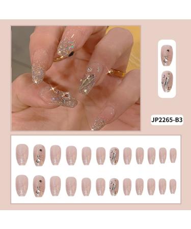 Glossy 3D Rhinestone Coffin Press On Nails - 24Pcs Medium Sparkly Glitter Designs for Women & Girls - Buy Online on GoSupps.com