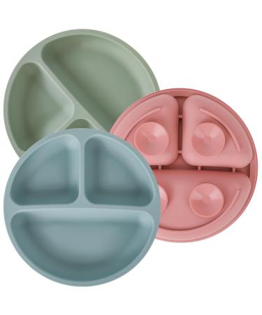 Hanmir 3 SPALL PACK PACKER BABY TELLER With suction cup slippery silicone children's plate BPA Free shared baby plate for babies and children (olive green brick red gray blue)