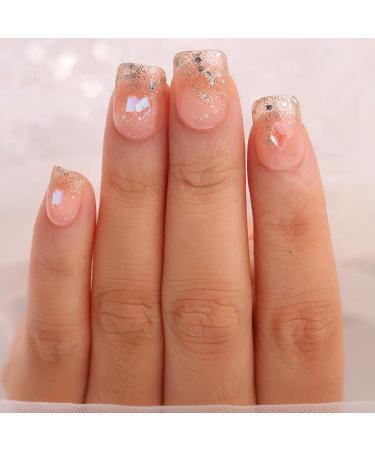 Glitter Pink Square Press on Nails - 24Pcs Short False Nails for Women, Girls - Aetorgc Rhinestone BlingBling Clip on Acrylic Nail Set - Buy Online on GoSupps.com