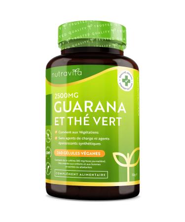 Guarana And Green Tea - High Strength Guarana 2500 mg - Natural Caffeine Source and Rich in Antioxidants - 240 Guarana Vegetable Capsules - 4 Months Supply - Made by Nutravita