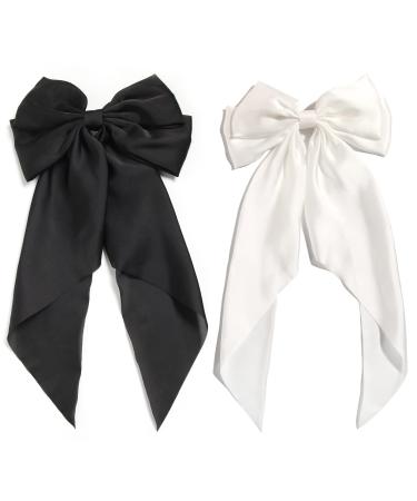 Silky Satin Hair Barrettes Clip for Women Large Bow Hair Slides Metal Clips French Barrette Long Tail Soft Plain Color Bowknot Hairpin Holding Hair 90's Accessories Black White Pack of 2