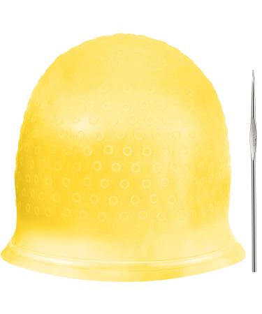Silicone Highlight Cap Reusable Highlight Hair Cap Salon Hair Coloring Dye Cap with Hooks for Women Girls Dyeing Hair (Yellow)