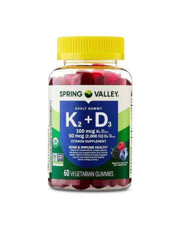 H4U Spring Valley Vitamin K2 + Vitamin D3 Gummies Mixed Berry 60 Count Supplement for Bone and Immune Health