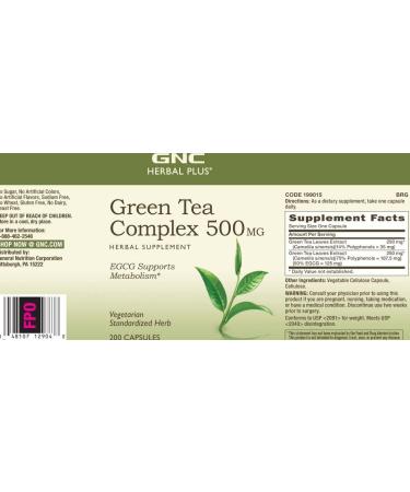 GNC Herbal Plus Green Tea Complex 500mg - 200 Vegetarian Capsules | Supports Metabolism - Buy Online on GoSupps.com