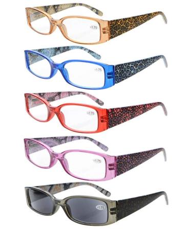 Eyekepper 5-Pack Spring Hinges Tiger Patterned Temples Reading Glasses Includes Sunshine Readers Women +1.75 Tiger Patterned-5pcs 1.75 x