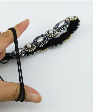 Yueton Handmade Crystal Rhinestone Beads Headband Set - Navy Blue + Gold | Women's Elastic Hair Accessories (Pack of 2) - Buy Online on GoSupps.com