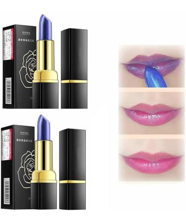 Hikaka Magical discoloring blue-pink temperature-changing lipstick long-lasting moisturizing lipstick with flash blue-to-pink glossy waterproof lip balm makeup (2pcs)
