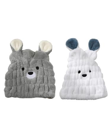Microfiber hair towel for girls cute bear dry hair hat quick drying bathing hair cap soft hair turban towel absorbent towel for drying (gray and white) 2 pieces