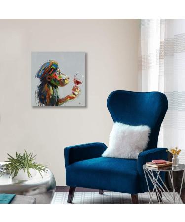 Yidepot Monkey Canvas Wall Art - Thinking Monkey Drinking Wine Painting - 30x30cm - Framed - Ready to Hang - Ideal for Living Room or Office Decor - Buy Online on GoSupps.com