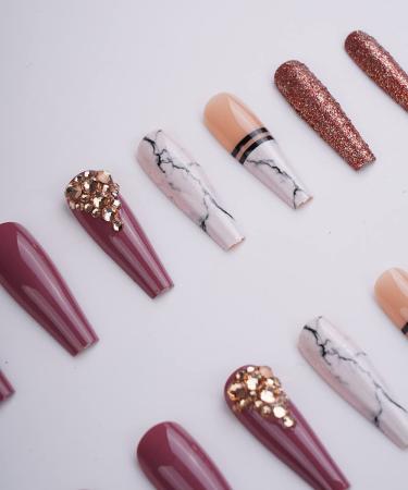 Xerling Bling Glitter Rhinestones Press-On Nails | 24Pcs Long Coffin Tips with Charms | Stylish False Nails Designs for Women & Girls - Buy Online on GoSupps.com