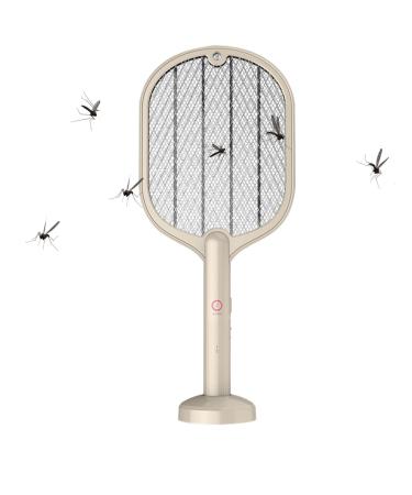 Fly Swatter - 3000V Rechargeable Electric Racket - 2 in 1 Fly Swatter with USB Rechargeable Base 3-Layer Safety Mesh Inhaled Photocatalyst Fly Trap Light Cyhamse (Beige)