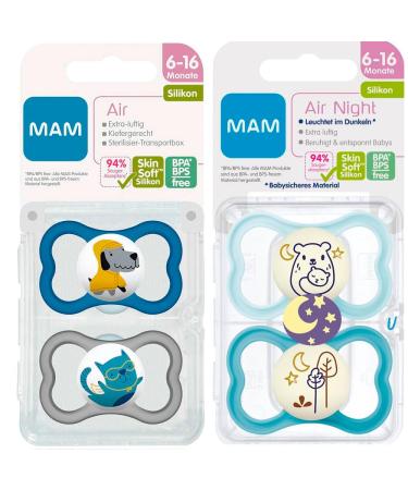 MAM Day & Night Air Silicone Pacifier Set for Boys (6-16 Months) - 4 Pack with 2 Sterilized Transport Boxes - International Shipping Available - Buy Online on GoSupps.com