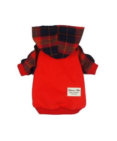 Fitwarm 100% Cotton Plaid Dog Clothes Lightweight Puppy Hoodie Pet Sweatshirt Doggie Hooded Outfits Cat Apparel L Red