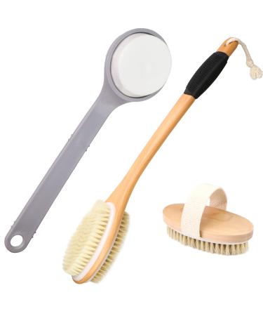 Back Scrubber for Shower 1 Double-Sided Soft-Stiff Bristles Body Scrubber with Curved Long Handle 1 Dry Brush 1 Lotion Applicator for Back Wet & Dry Brushing Body Exfoliating Bath Brush 3 Pack Set of 3