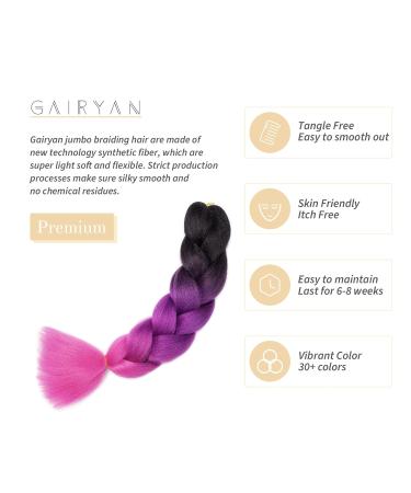 Gairyan Jumbo Braids Extensions - 100g 60cm Ombre Synthetic Braiding Hair for Box Crochet - Afro Hair in Black Purple & Rose Red - Buy Online on GoSupps.com