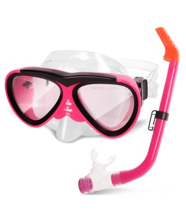 Greenlf Kids Snorkel Set, Anti-Fog Snorkeling Mask with Nose Covers for Youth Junior Child, Boys & Girls Age 5-12, Semi-Dry Diving Scuba Swimming Goggles Gear Packages Rose red
