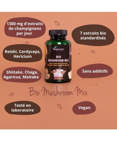 Complex 7 Organic Mushrooms | With Organic Extracts: Lions mane Maik Shiitake Cordyceps Reishi Chaga Agaricus | 1300 mg | Immune Defense | Vegan & No Additives | Vegavero  - Buy Online on GoSupps.com