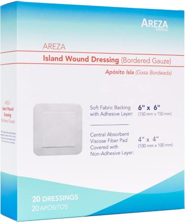 Bordered Gauze Island Dressing 6" x 6" Sterile Latex Free 20 Per Pouch Wound Dressing by Areza Medical 20 Count (Pack of 1)