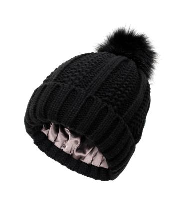 Beanie for Women Winter Cap Thermal Warm Knitted Cute Casual Hairball Plain Trendy Hat Earflap Crochet Plush Snow Fall One Size H36-black
