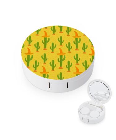 Cactus Pattern With Mexican Hat Round Contact Lens Case Print Portable Contact Lens Box Kit with Mirror Cute