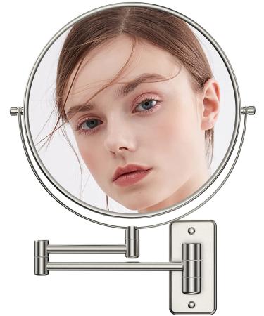 Benbilry 9" Large Size Wall Mounted Makeup Mirror with 10X Magnification, Extendable Double Sided Vanity Mirror, 360° Swivel Magnifying Bathroom Mirror with Folding Arm for Shaving Nickel