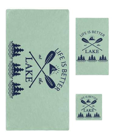 PakiInno Bath Towels Set Soft Absorbent Towels Life is Better at The Lake Oars Mountains and Pine Forest Fluffy Shower Towel Hand Towel Washcloths for Fitness  Sports  Travel 30x60+16x28+13x13 Inch Lakepak1381